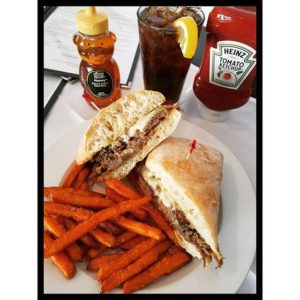 Emilys steak sandwich with sweet potato fries