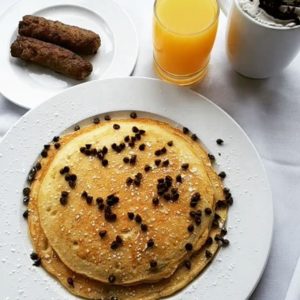 chocolate chip pancakes and sausage