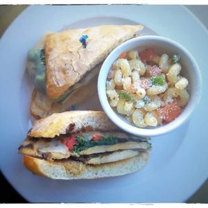 Emily's Chicken sandwich with macaroni salad