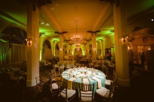 candlelight ballroom at night, blue decor